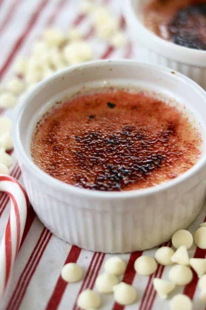 Instant Pot White Chocolate Creme Brulee with candy cane crust