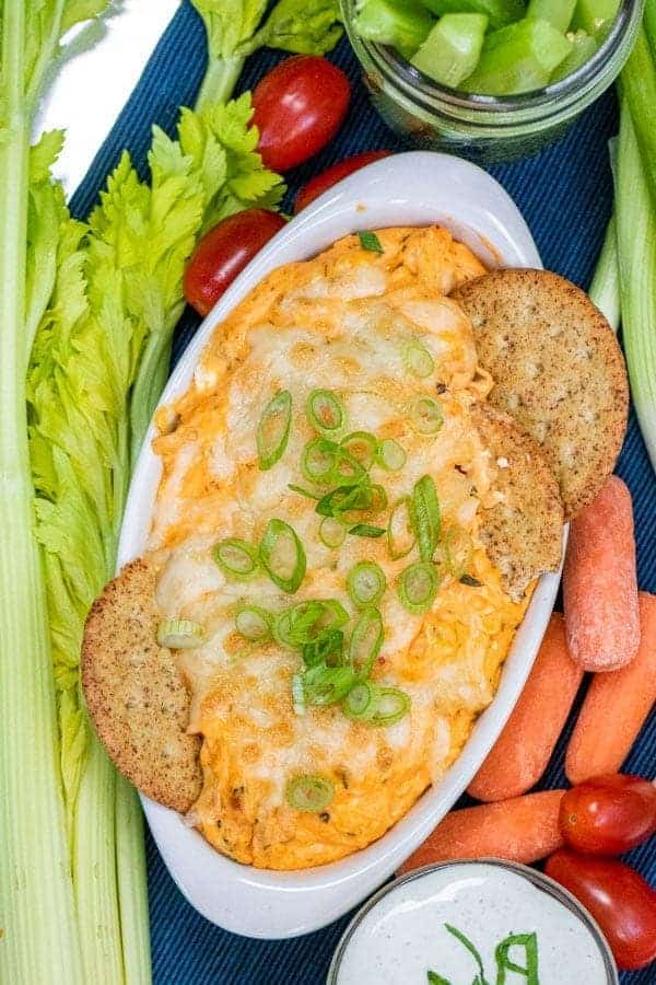 a bowl of buffalo chicken dip surrounded by vegetables