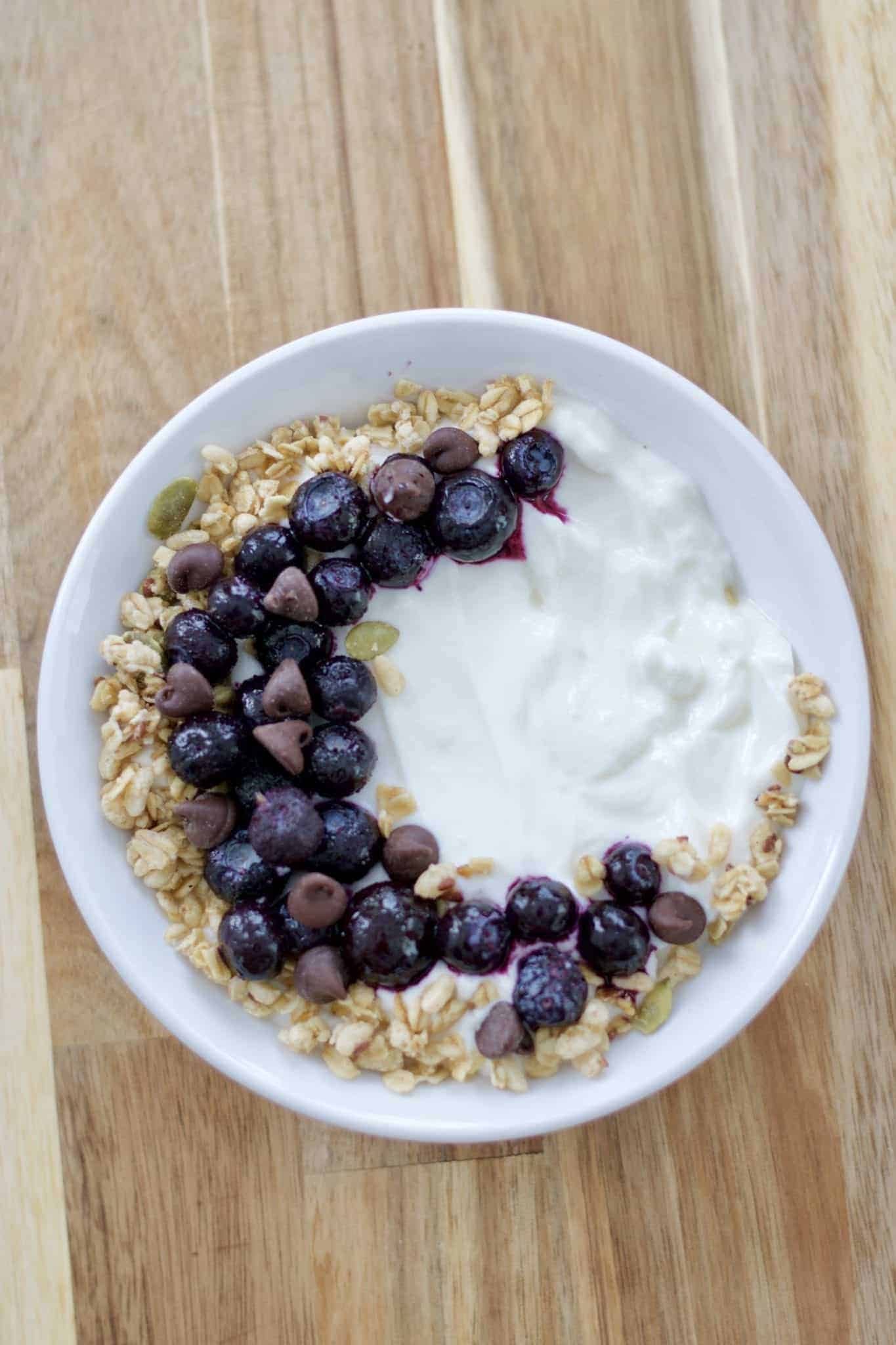 Simple Instant Pot 3 ingredient yogurt with blueberries, granola, and chocolate chips