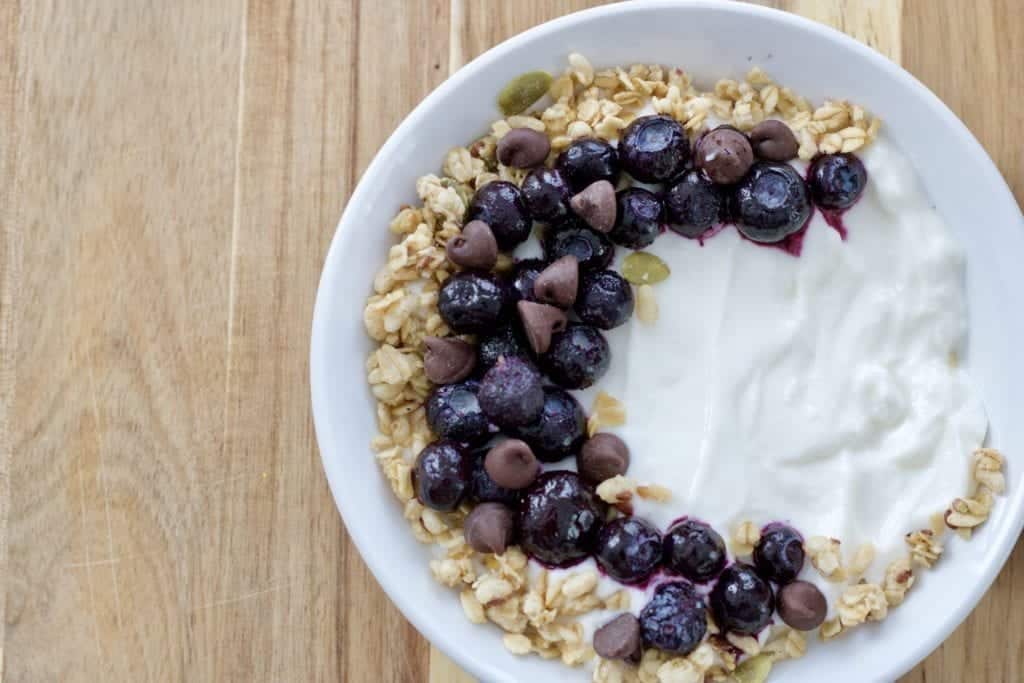 Simple Instant Pot Yogurt with blueberries, granola, and chocolate chips