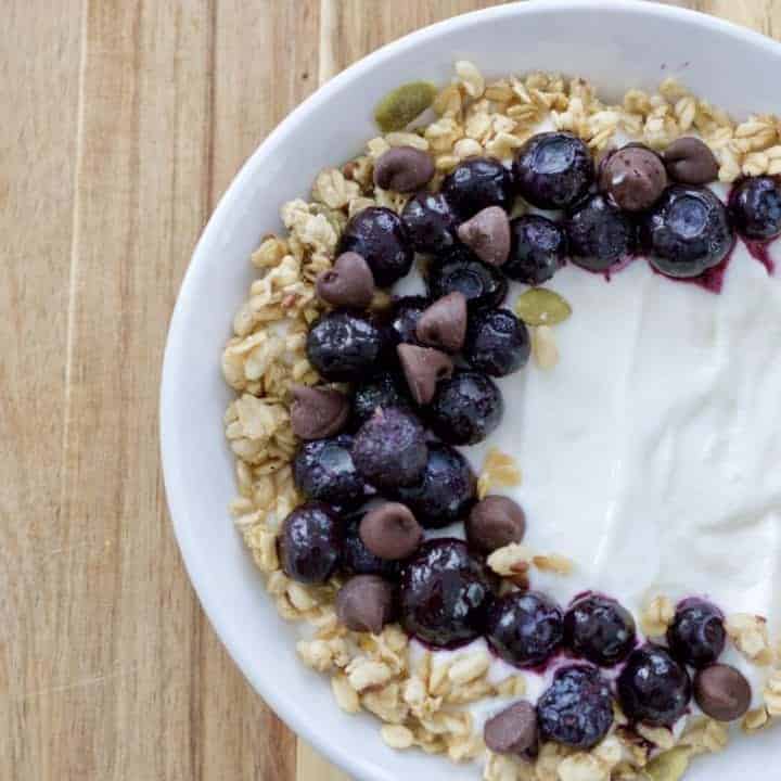 Simple Instant Pot Yogurt with blueberries, granola, and chocolate chips
