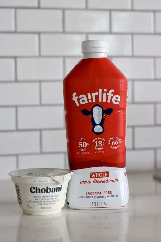 Instant Pot yogurt ingredients: fairlife milk and chobani yogurt