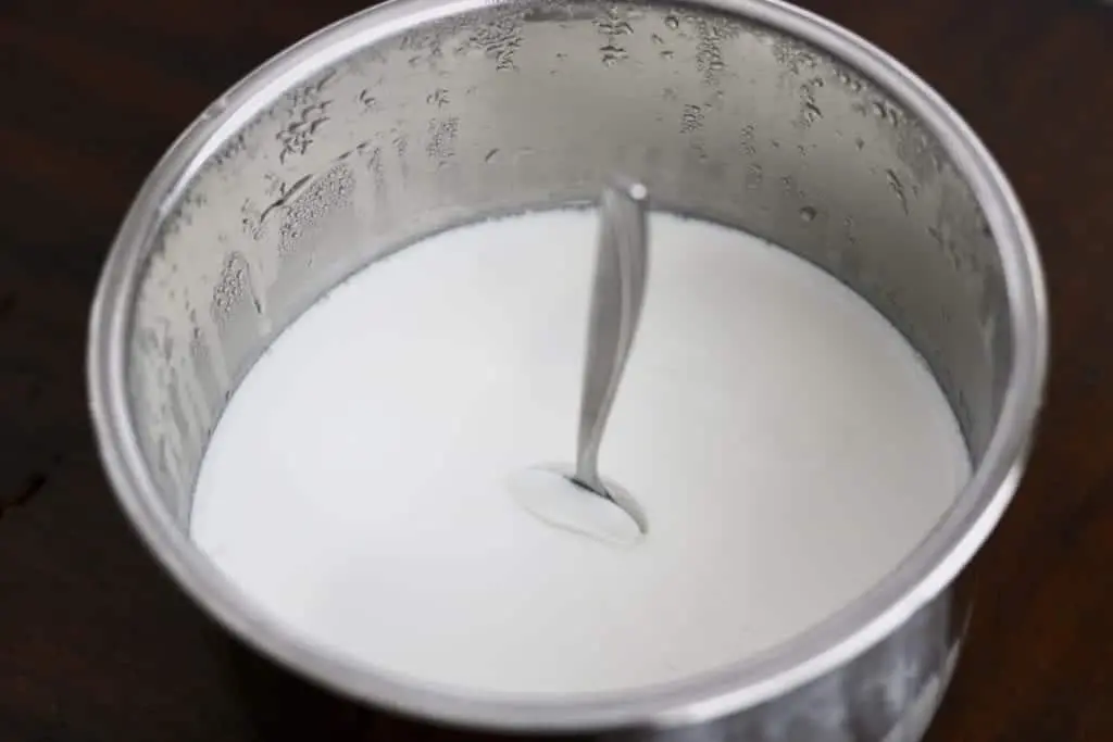 Instant Pot yogurt after incubation period with a spoon sticking in it.