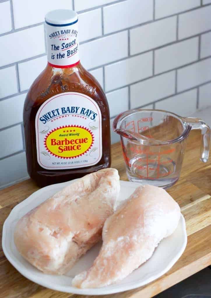 Frozen Chicken to be cooked in the Instant Pot, Sweet Baby Ray's BBQ sauce, Water