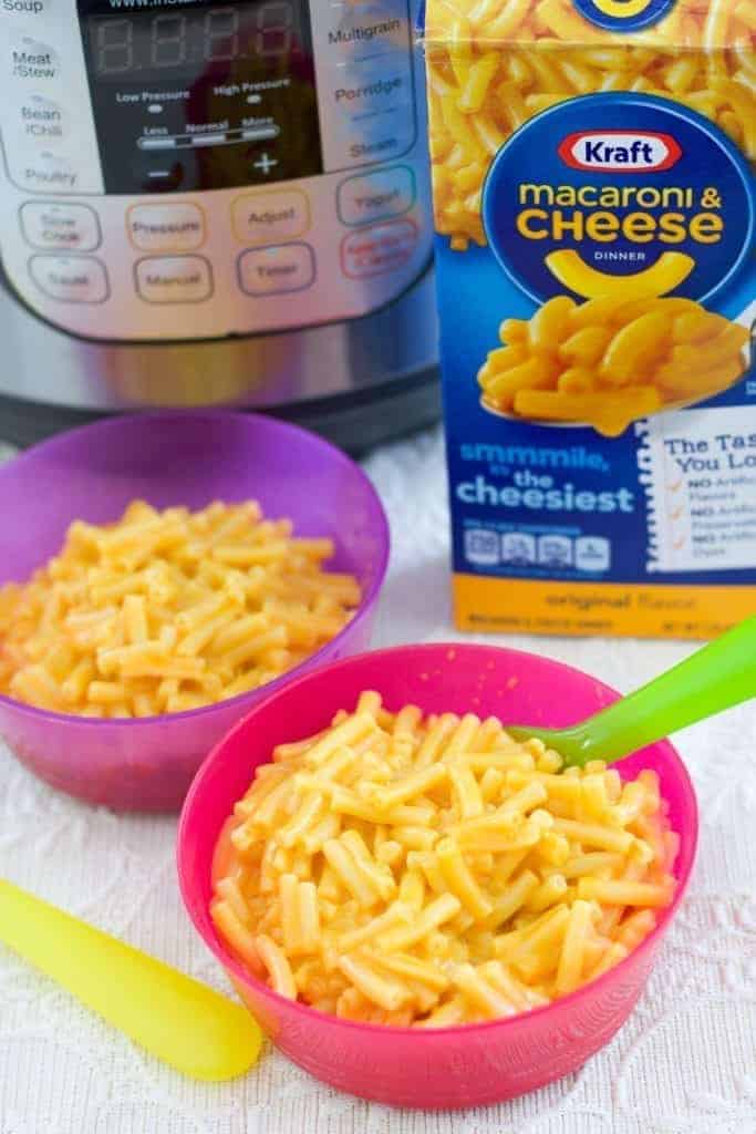 Instant Pot Mac and Cheese in bright kid bowls
