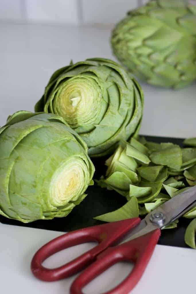 Trimmed artichokes, ready to be pressure cooked in the Instant Pot