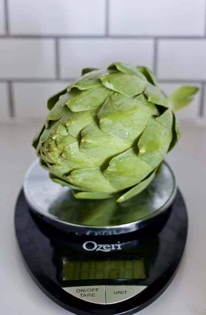 Artichoke weighing .86lb on a kitchen scale