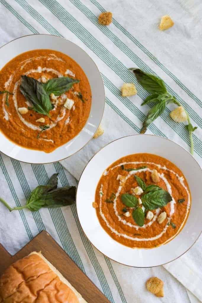 Tomato Soup with Basil pesto and bread
