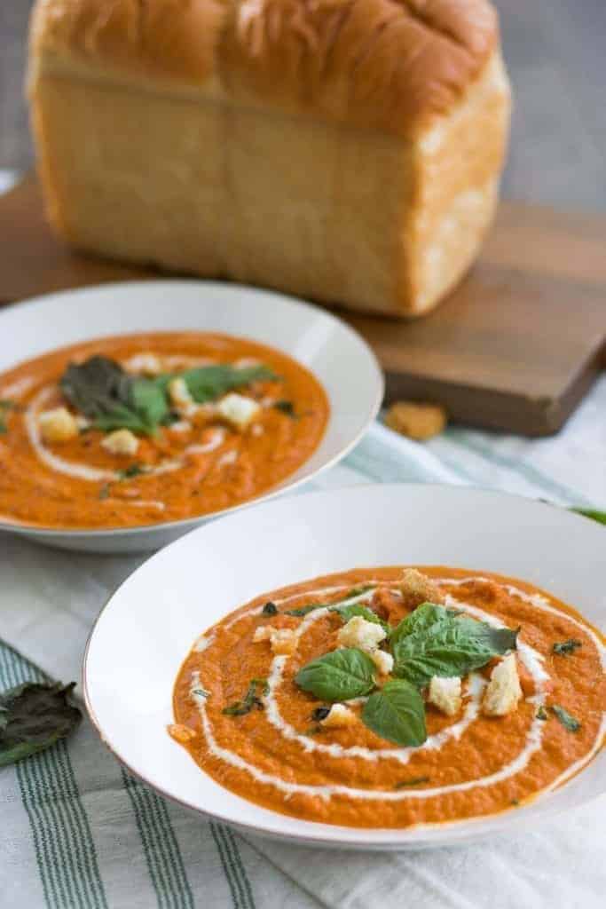 Instant Pot or Crock Pot Slow Cooker Tomato Basil Soup with bread