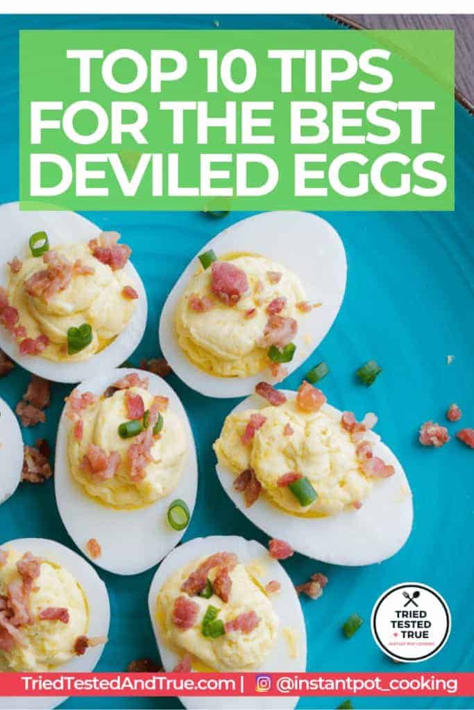 Bacon Chive Deviled Eggs made in the Instant Pot or pressure cooker for Easter! Top 10 tips for the best deviled eggs. Whipped cream recipe. Great way to use leftover cream in whipped cream deviled eggs. Instant Pot hard boiled eggs #eggs #easter #appetizer | Tried Tested and True Instant Pot Cooking by Lisa Childs