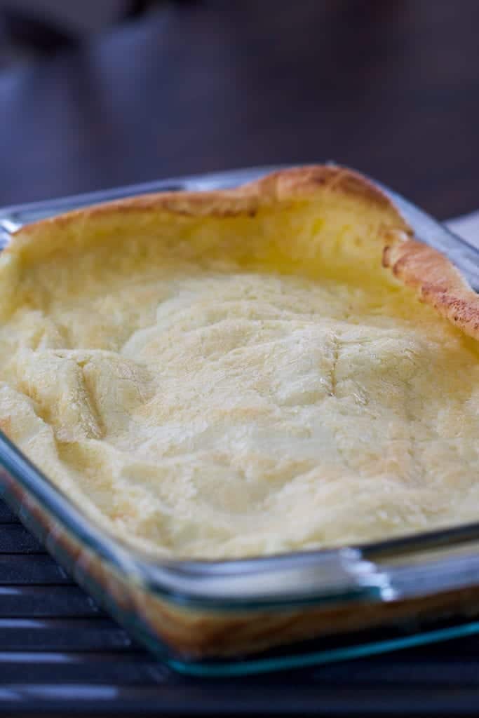 Dutch Baby German Pancake in a glass baking dish