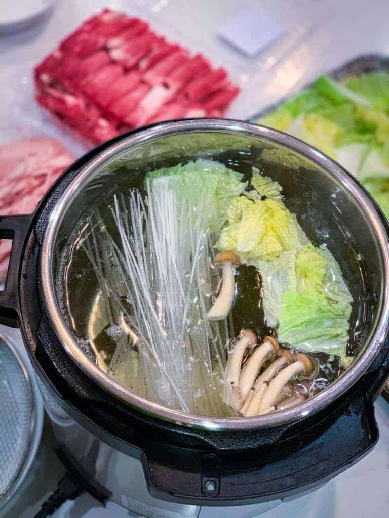 harusame noodles, napa cabbage, and beech mushrooms in the Instant Pot