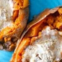 Instant Pot sweet potatoes on a blue plate