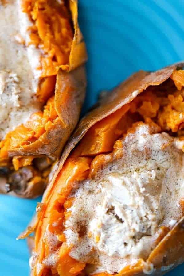 Instant Pot sweet potatoes on a blue plate