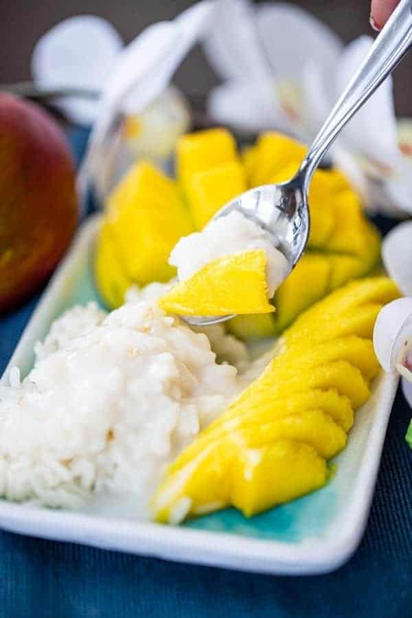 mango sticky rice made in the Instant Pot with a spoonful of rice and yellow mango with flowers in the background