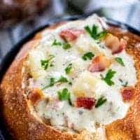 Instant Pot clam chowder in a bread bowl