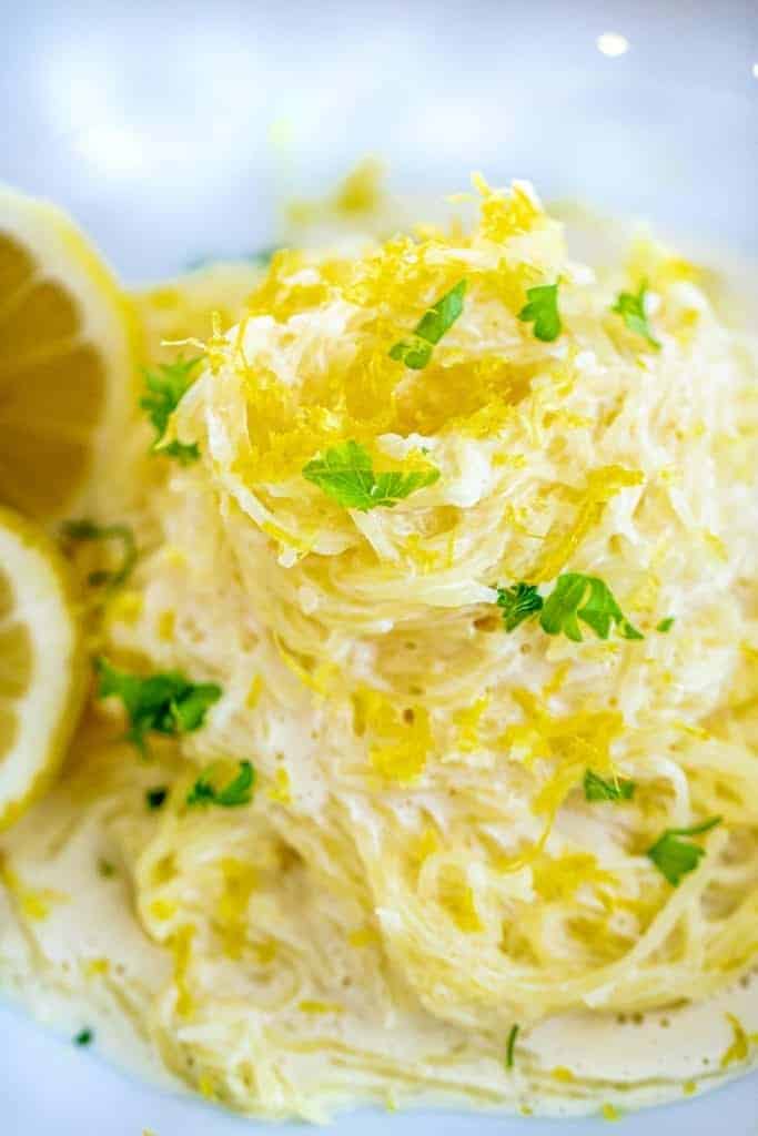 closeup of Instant Pot spaghetti squash with lemon cream sauce