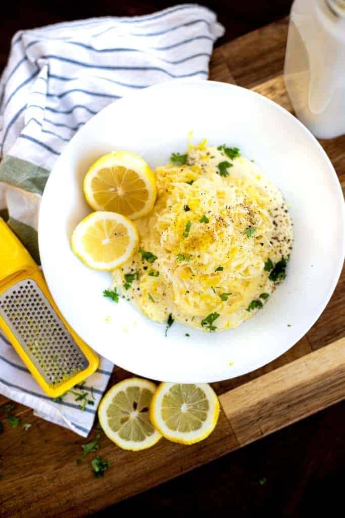 closeup of Instant Pot spaghetti squash with lemon cream sauce