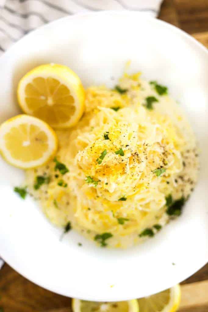 closeup of Instant Pot spaghetti squash with lemon cream sauce