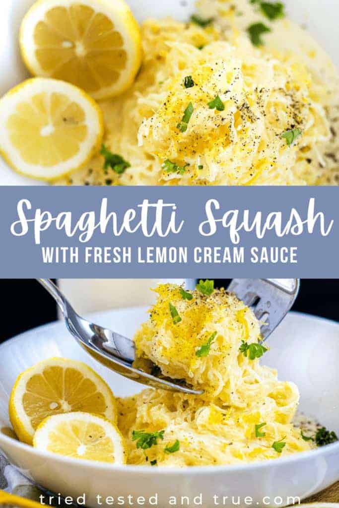 Instant Pot Spaghetti Squash with lemon cream sauce- low carb and keto pin graphic with lemons and forks