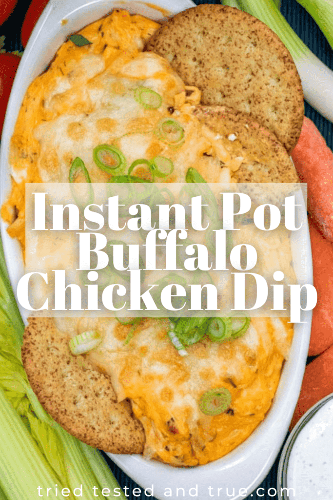 Graphic of instant pot buffalo chicken dip with one picture