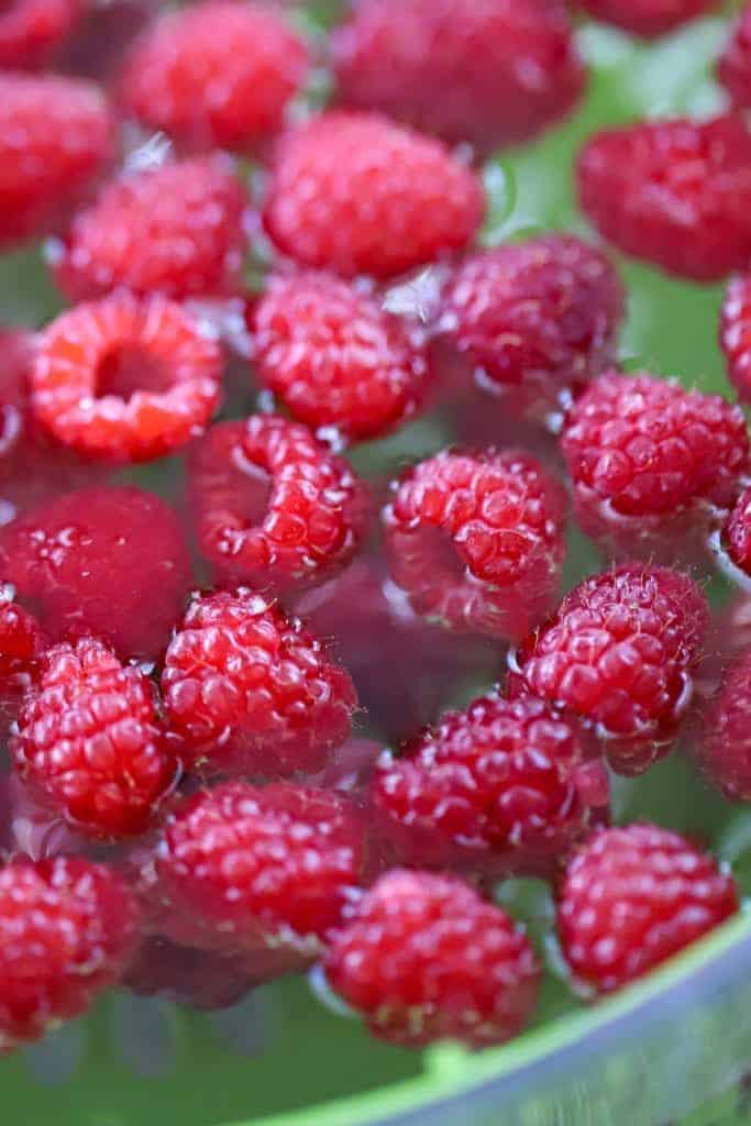 raspberries floating in vinegar water