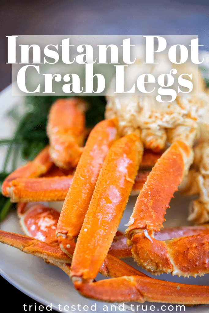 Graphic of Instant Pot Crab Legs with one photo of crab legs