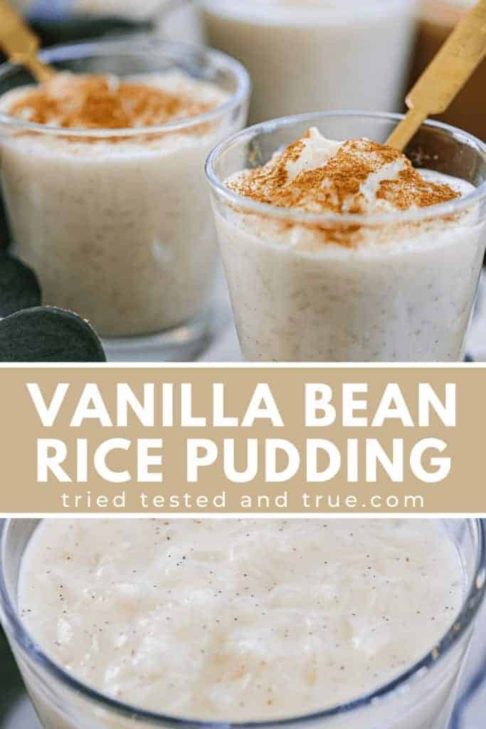 Graphic of Vanilla Bean Rice Pudding with two pictures of rice pudding.