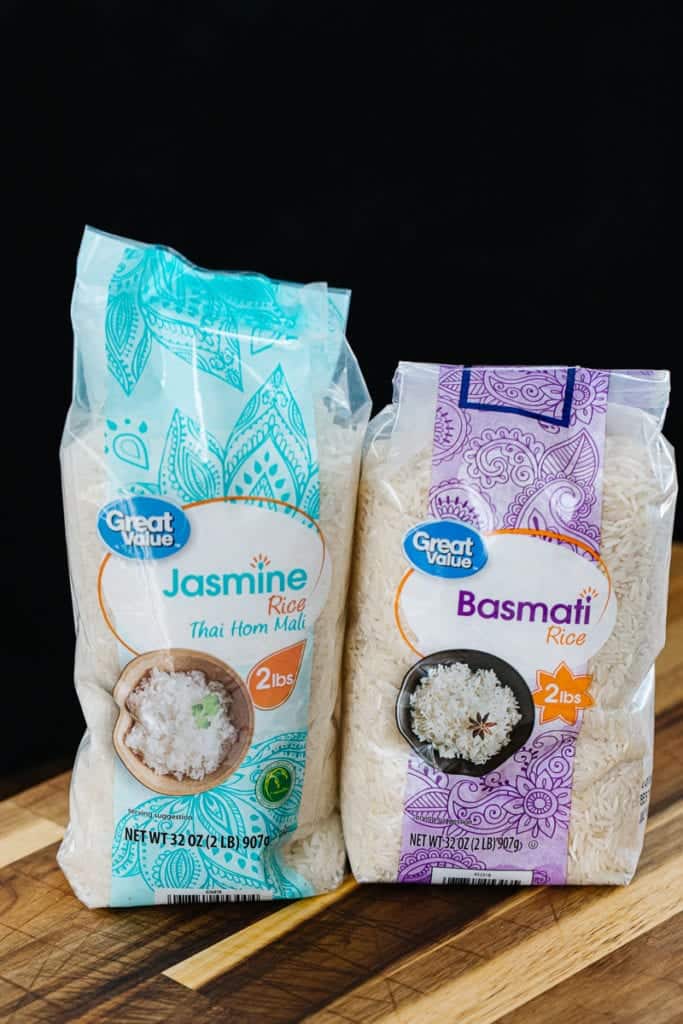 a bag of jasmine rice next to a bag of basmati rice