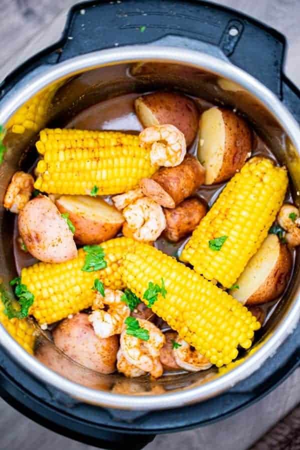 closeup of Instant Pot low country boil