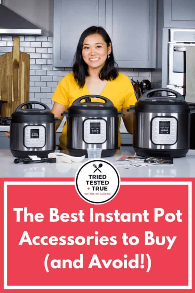 Graphic of the best instant pot accessories to buy and avoid with one picture of a woman with three instant pots and assorted accessories. 