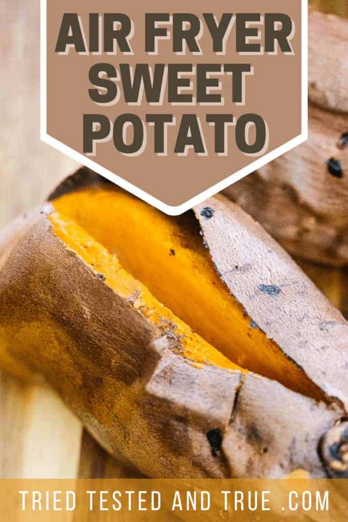 Graphic of Air Fryer Sweet Potato with one picture of a sweet potato.