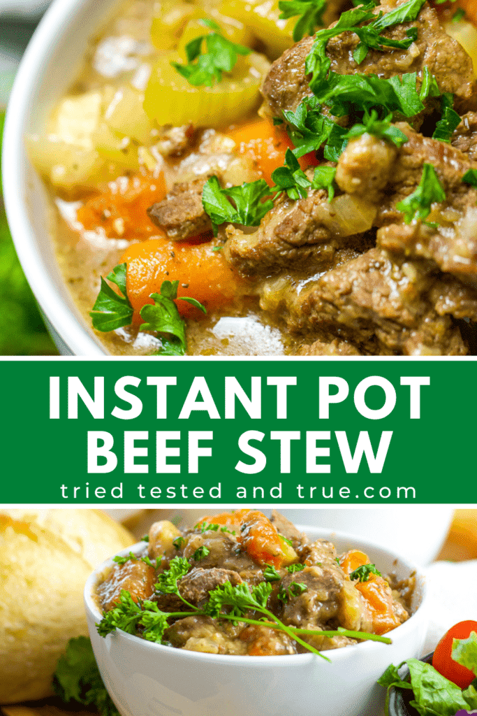 Instant Pot Beef Stew with two pictures of a bowl of beef stew.