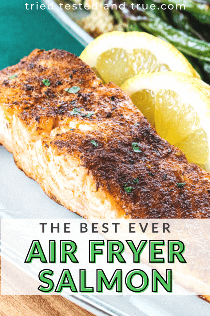 air fryer salmon graphic with lemon