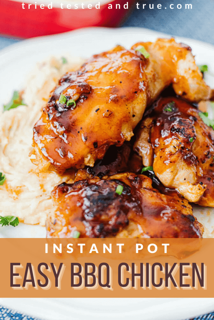Graphic of Instant Pot Easy BBQ Chicken with one picture of a plate of BBQ chicken.
