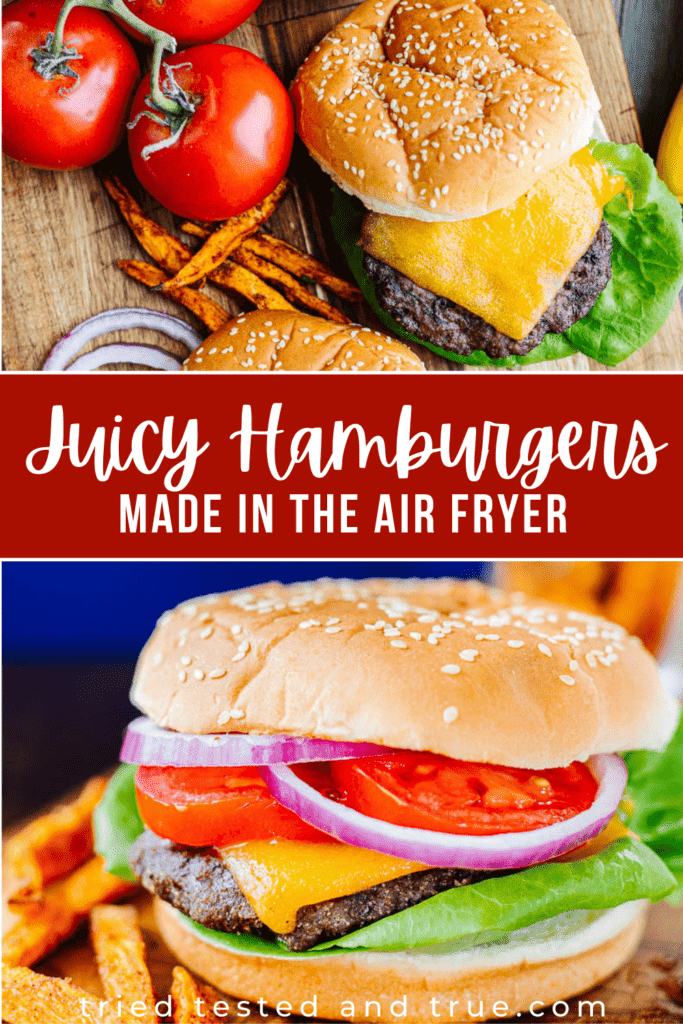 graphic with two pictures of top down hamburgers and an air fryer hamburger from the side view.