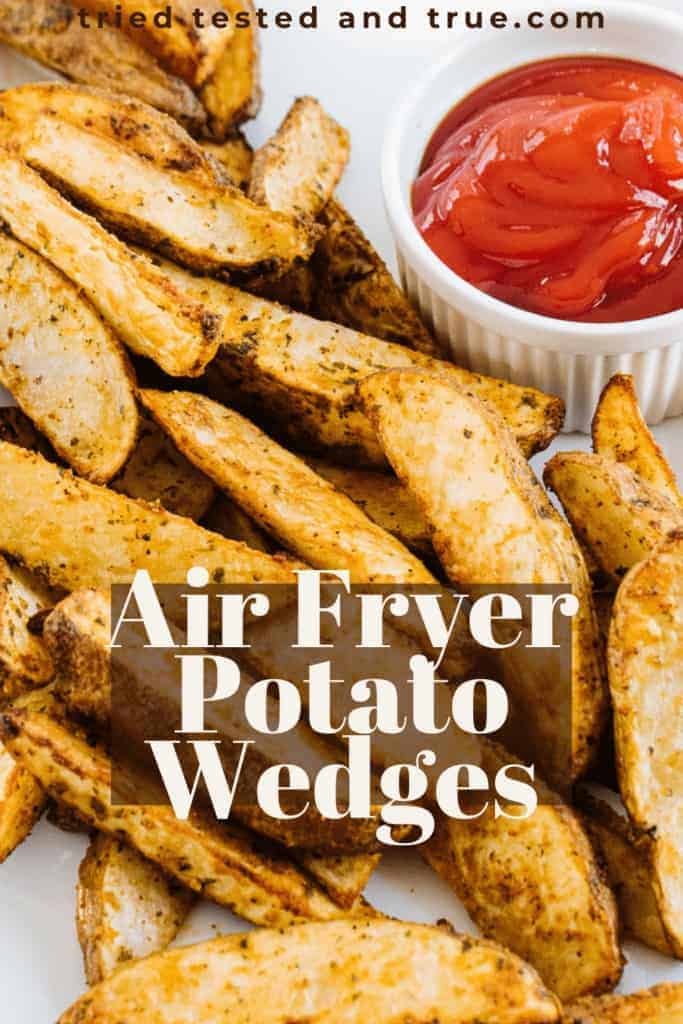 graphic of lots of air fryer potato wedges with a white ramekin filled with ketchup.