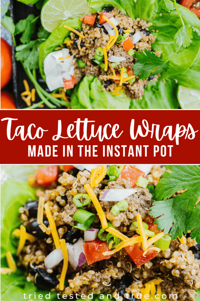 Instant pot taco lettuce wrap graphic with closeup of beef and bean taco lettuce wrap