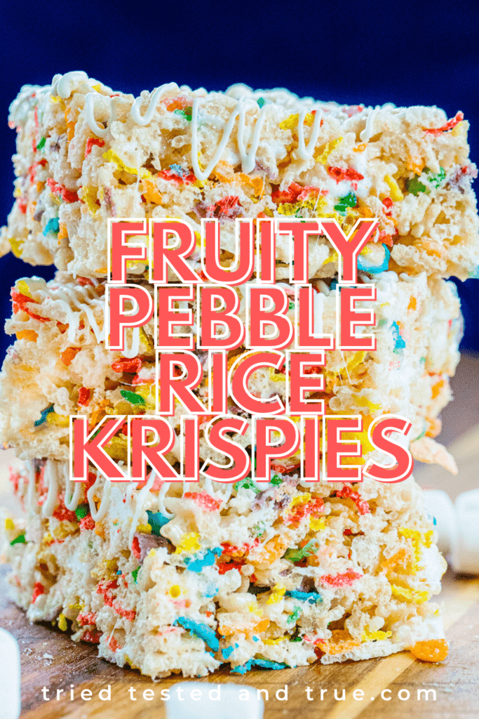 Graphic of Fruity Pebble Rice Krispies with one picture of a stack of fruity pebble rice krispie treats.