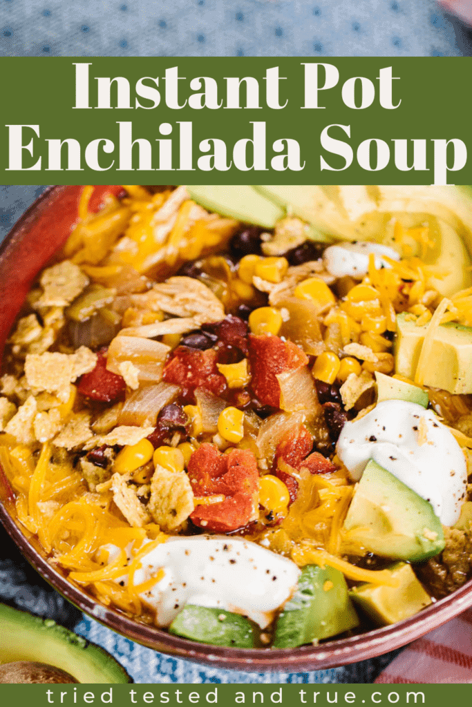 Graphic of Instant Pot Enchilada Soup with one picture of enchilada soup.