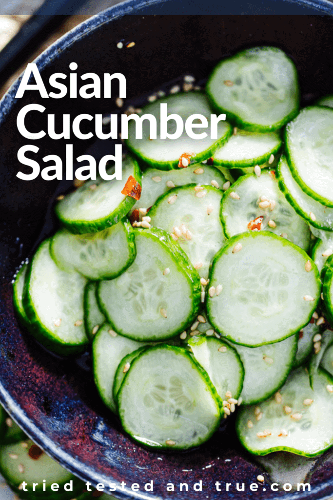 Graphic of Asian cucumber salad with a picture of a bowl of sliced cucumbers.