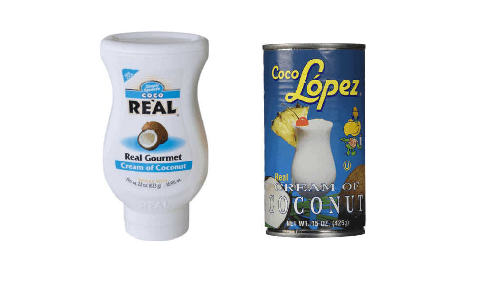 A Can of coco lopez and a bottle of cream of coconut