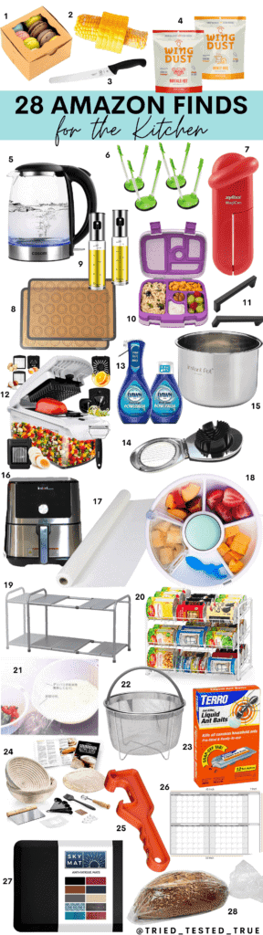Graphic of 28 Amazon Finds for rhe Kitchen with pictures of 28 different kitchen products all numbered 1-28.