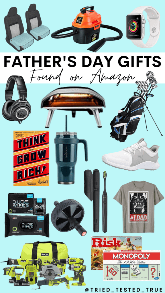 a graphic with father's day gifts on a light blue background. "father's day gift guide" found on amazon