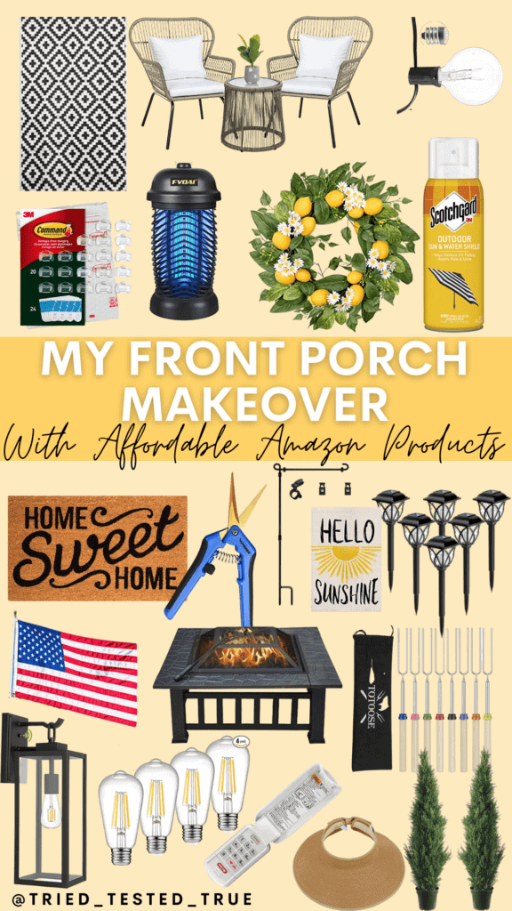 Graphic of my front porch makeover with affordable amazon products with 20 images of products