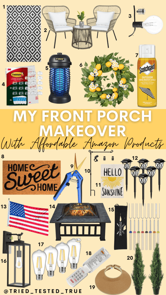 Graphic of my front porch makeover with affordable amazon products with numbered images of products