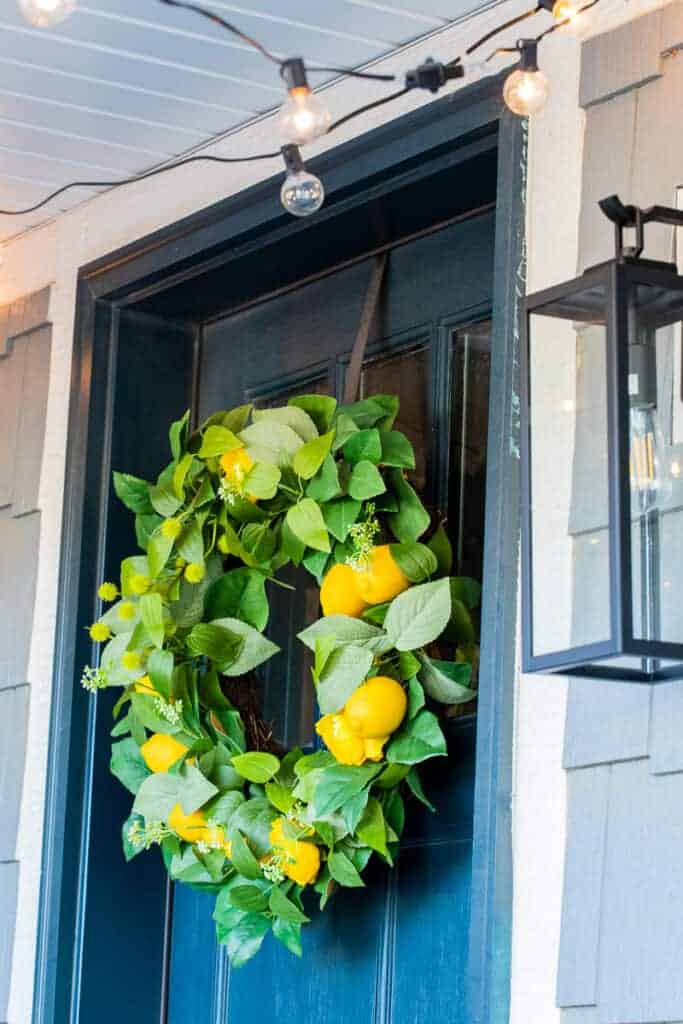 a lemon wreath on a blue door