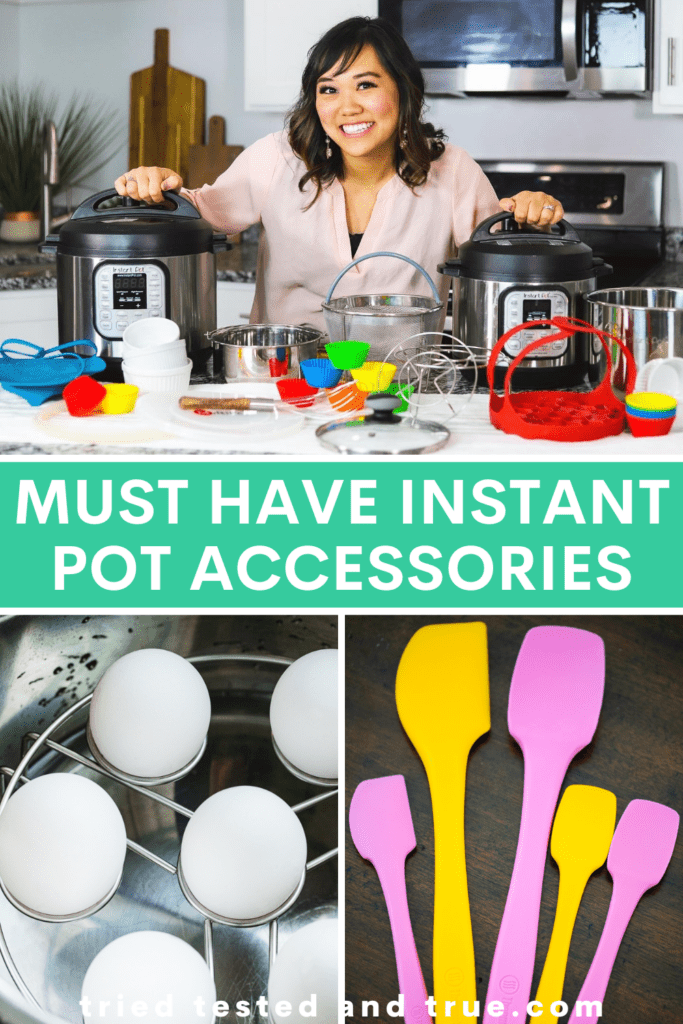 Graphic of Must Have Instant Pot Accessories with three pictures of a variety of kitchen accessories.