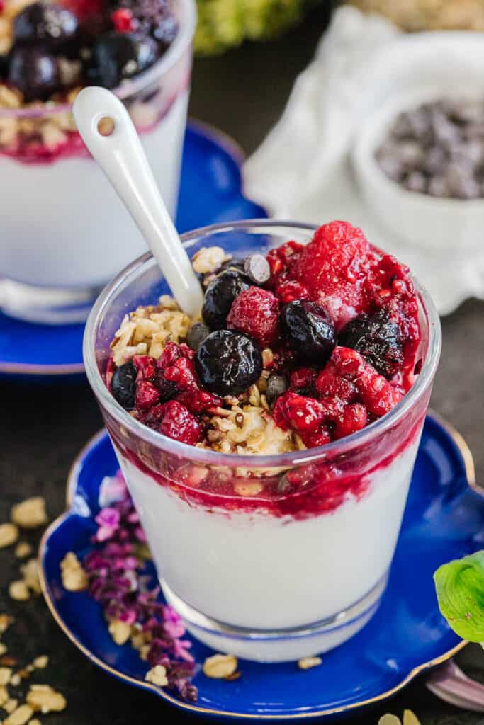 close up top view of instant pot yogurt topped with granola, berries, and chocolate chips on a blue plate next to pink flowers