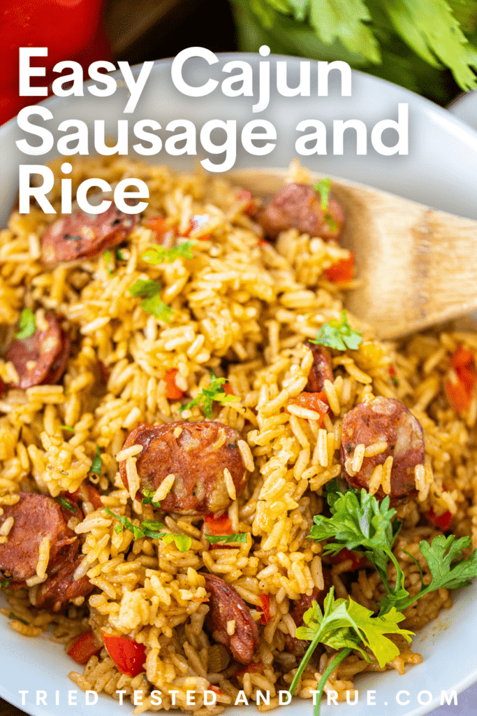 Graphic of Easy Cajun Sausage and Rice with a picture of a bowl of cajun sausage and rice.